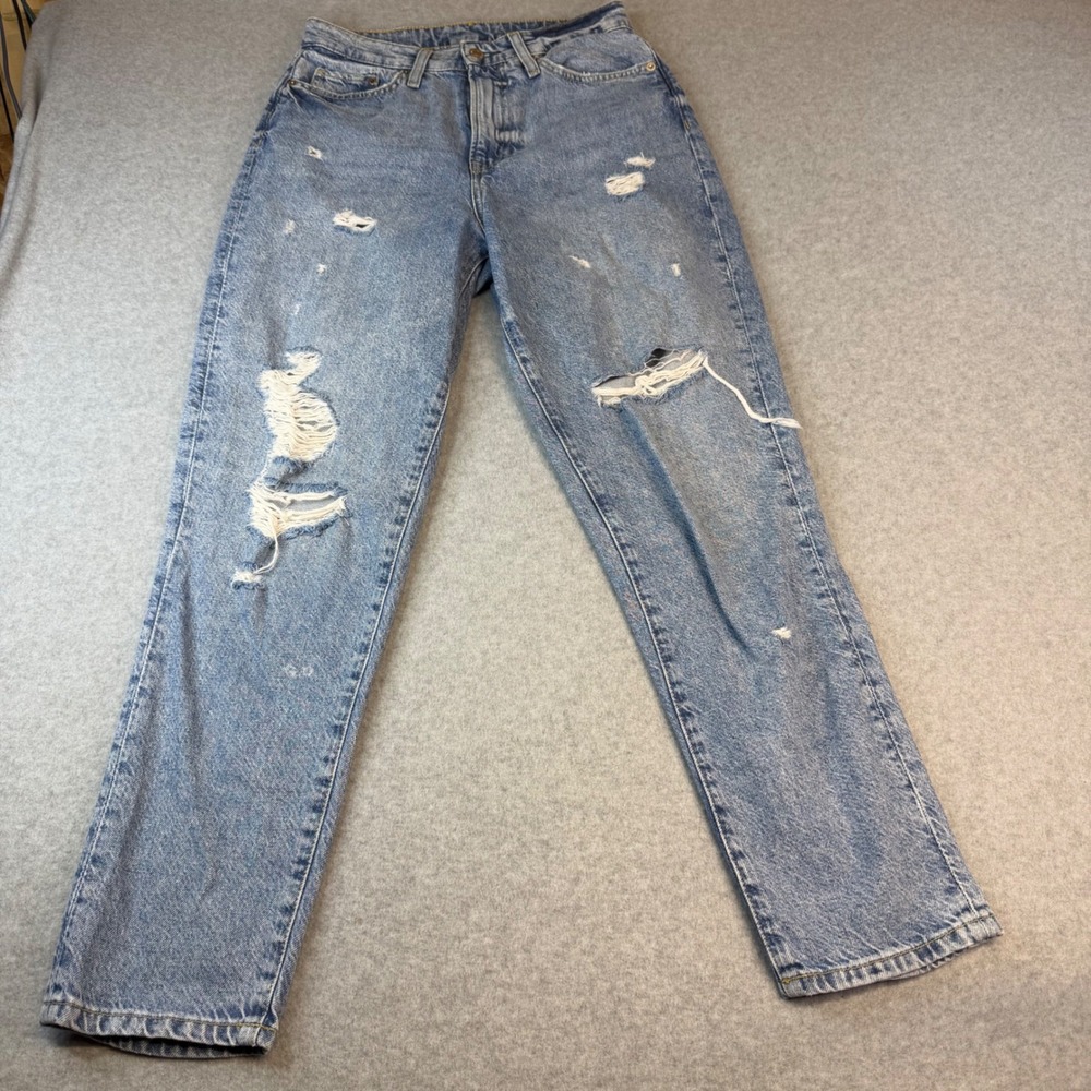 H&M &Denim Ultra High Waist Mom Jeans Light Wash Distressed Blue Size 6
